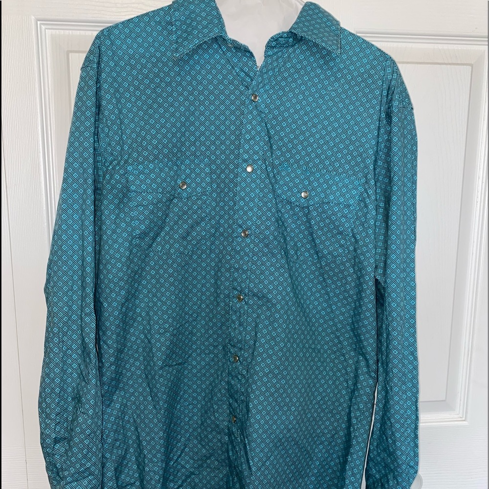 Large blue long sleeve button up shirt